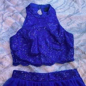 Two piece homecoming/prom dress, shirt and skirt, dark blue, size 7.